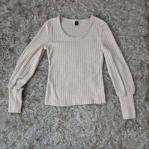 SHEIN Long Sleeve Round Neck Puff Sleeve Ribbed Sweater Beige Women's Medium